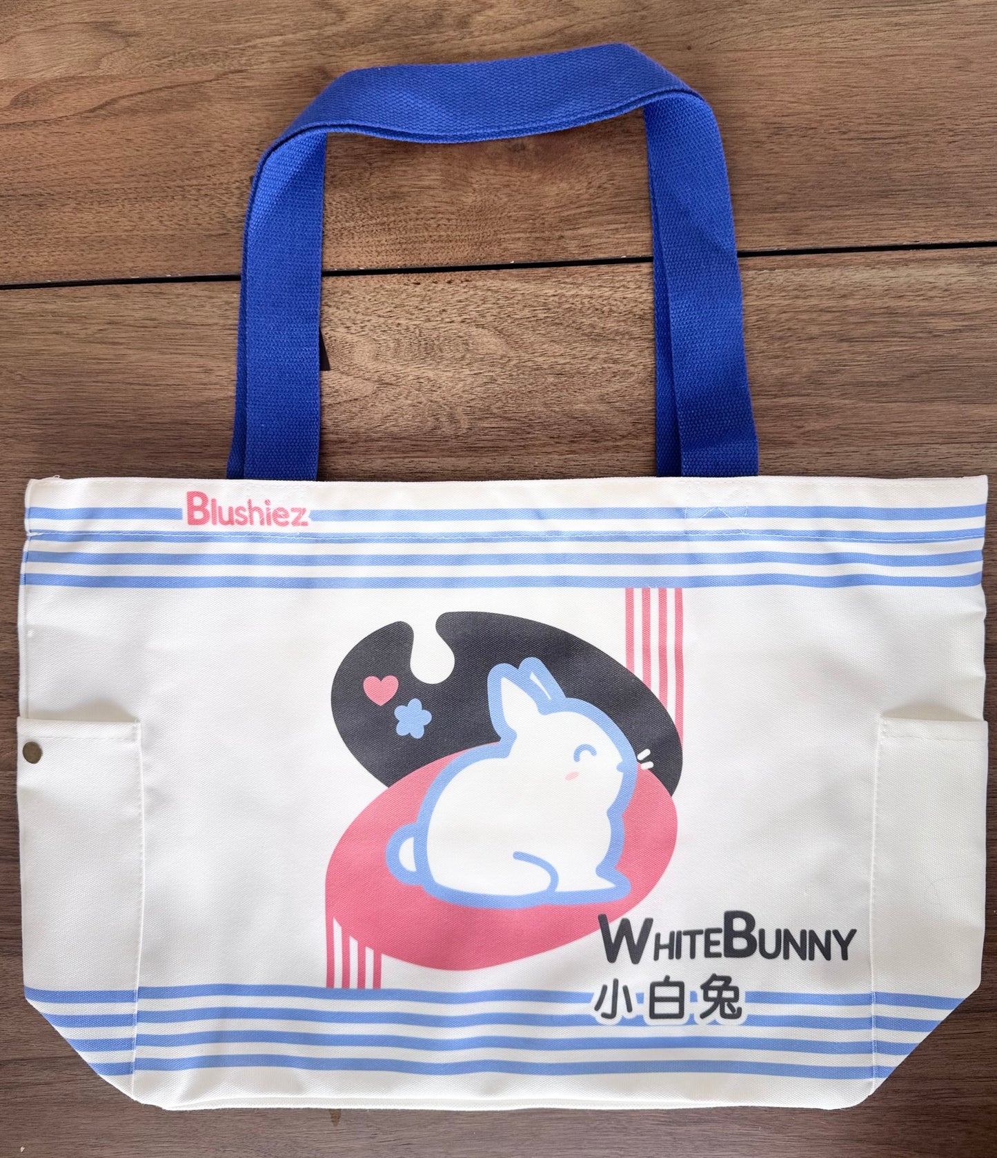 Premium White Bunny Candy Tote Bag – 15″ Canvas Zip-Top Bag with Inner & Side Pockets