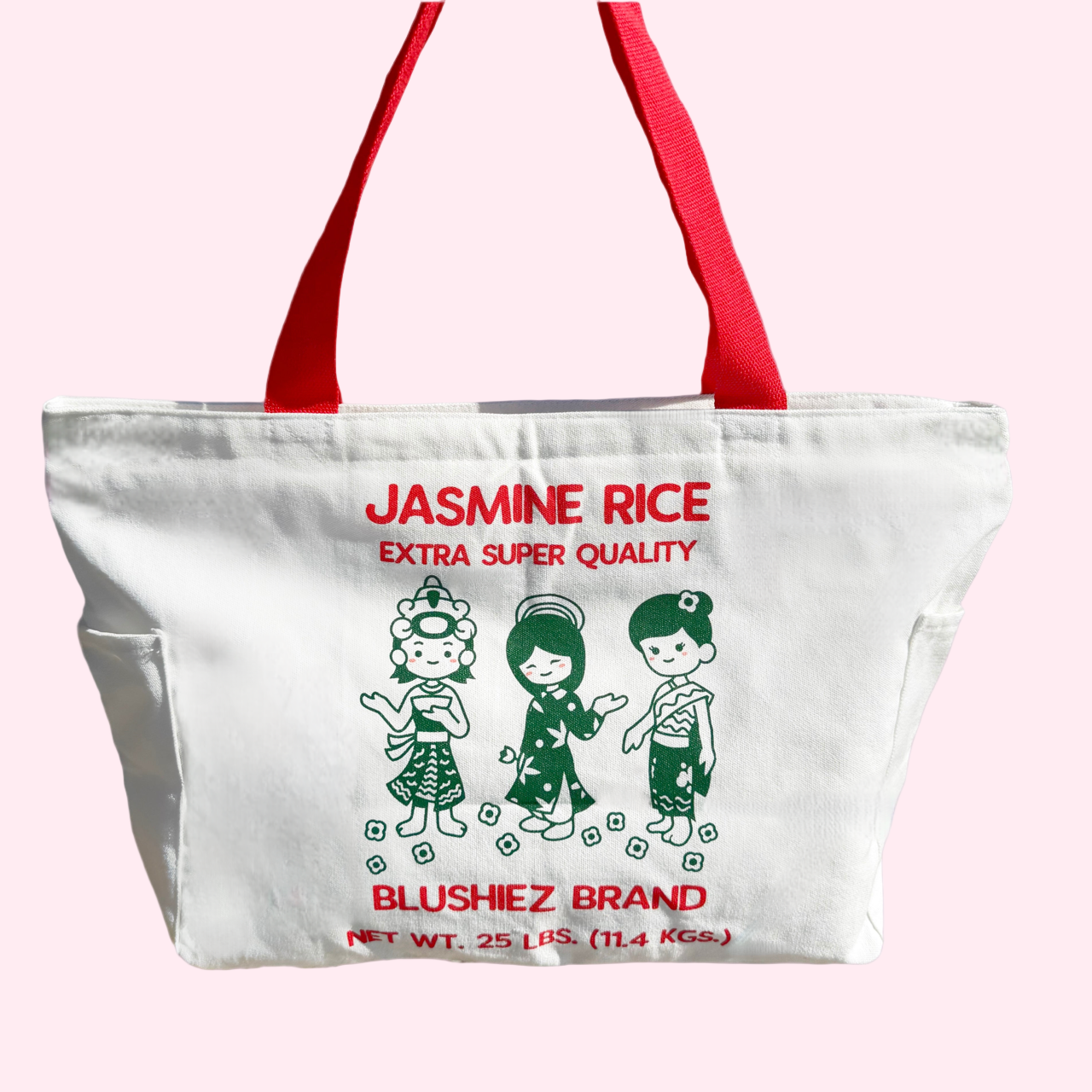 Premium Jasmine Rice Tote Bag – 15″ Canvas Zip-Top Bag with Inner & Side Pockets