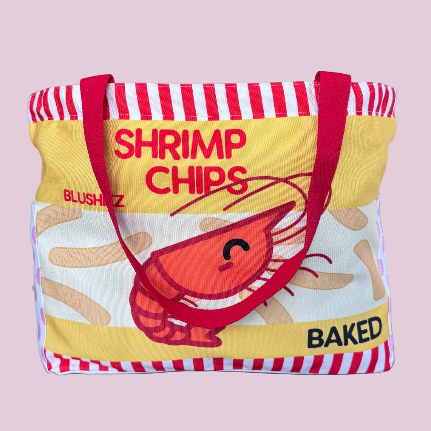 Premium Shrimp Chips Tote Bag – 15″ Canvas Zip-Top Bag with Inner & Side Pockets