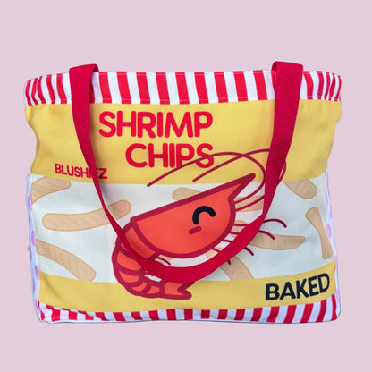 Premium Shrimp Chips Tote Bag – 15″ Canvas Zip-Top Bag with Inner & Side Pockets