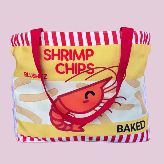 Premium Shrimp Chips Tote Bag – 15″ Canvas Zip-Top Bag with Inner & Side Pockets