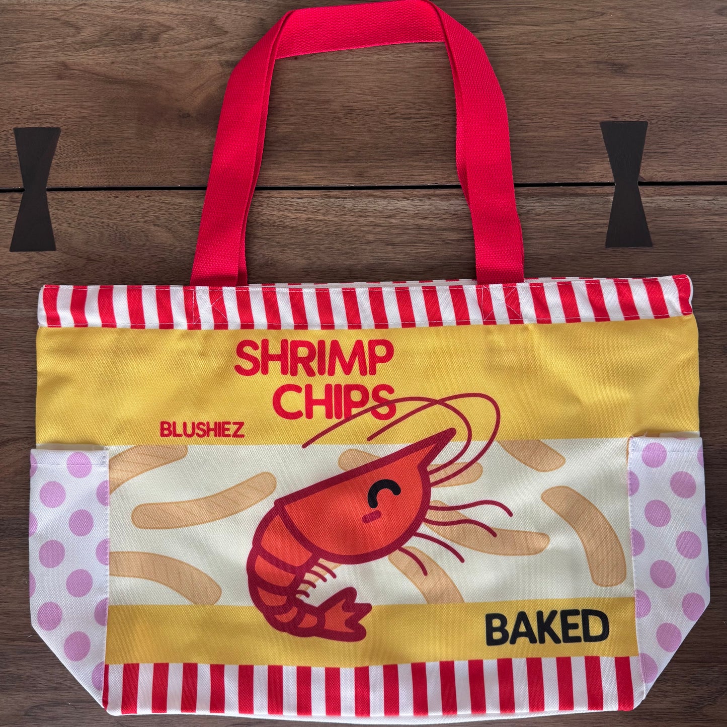 Premium Shrimp Chips Tote Bag – 15″ Canvas Zip-Top Bag with Inner & Side Pockets