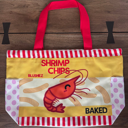 Premium Shrimp Chips Tote Bag – 15″ Canvas Zip-Top Bag with Inner & Side Pockets