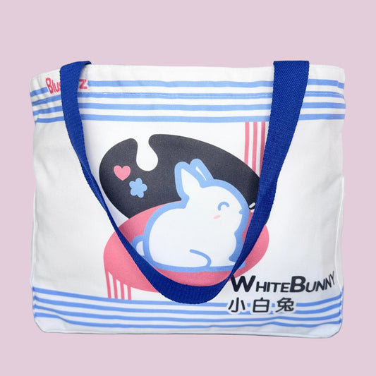 Premium White Bunny Candy Tote Bag – 15″ Canvas Zip-Top Bag with Inner & Side Pockets