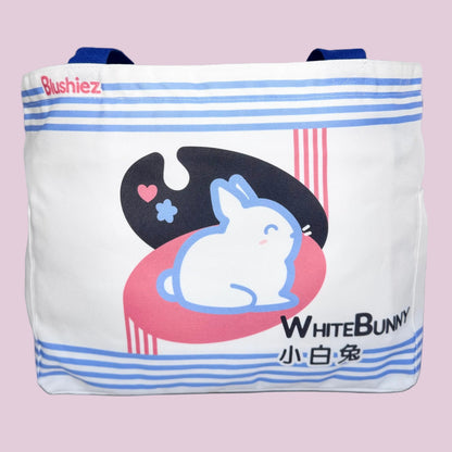 Premium White Bunny Candy Tote Bag – 15″ Canvas Zip-Top Bag with Inner & Side Pockets