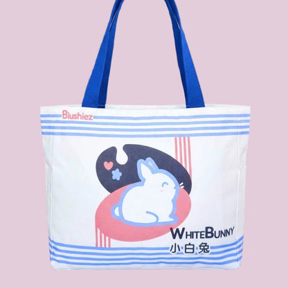 Premium White Bunny Candy Tote Bag – 15″ Canvas Zip-Top Bag with Inner & Side Pockets