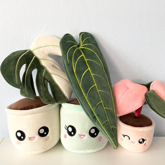 Plush toys of a Monstera deliciosa Albo Variegata, Queen Anthurium, and Pink Princess Philodendron, each with their respective pots. The Pink Princess Philodendron plush toy features variegated leaves with shades of green and pink. The plush toys stand side by side, capturing the beauty of these plants in a cuddly and lovable form.