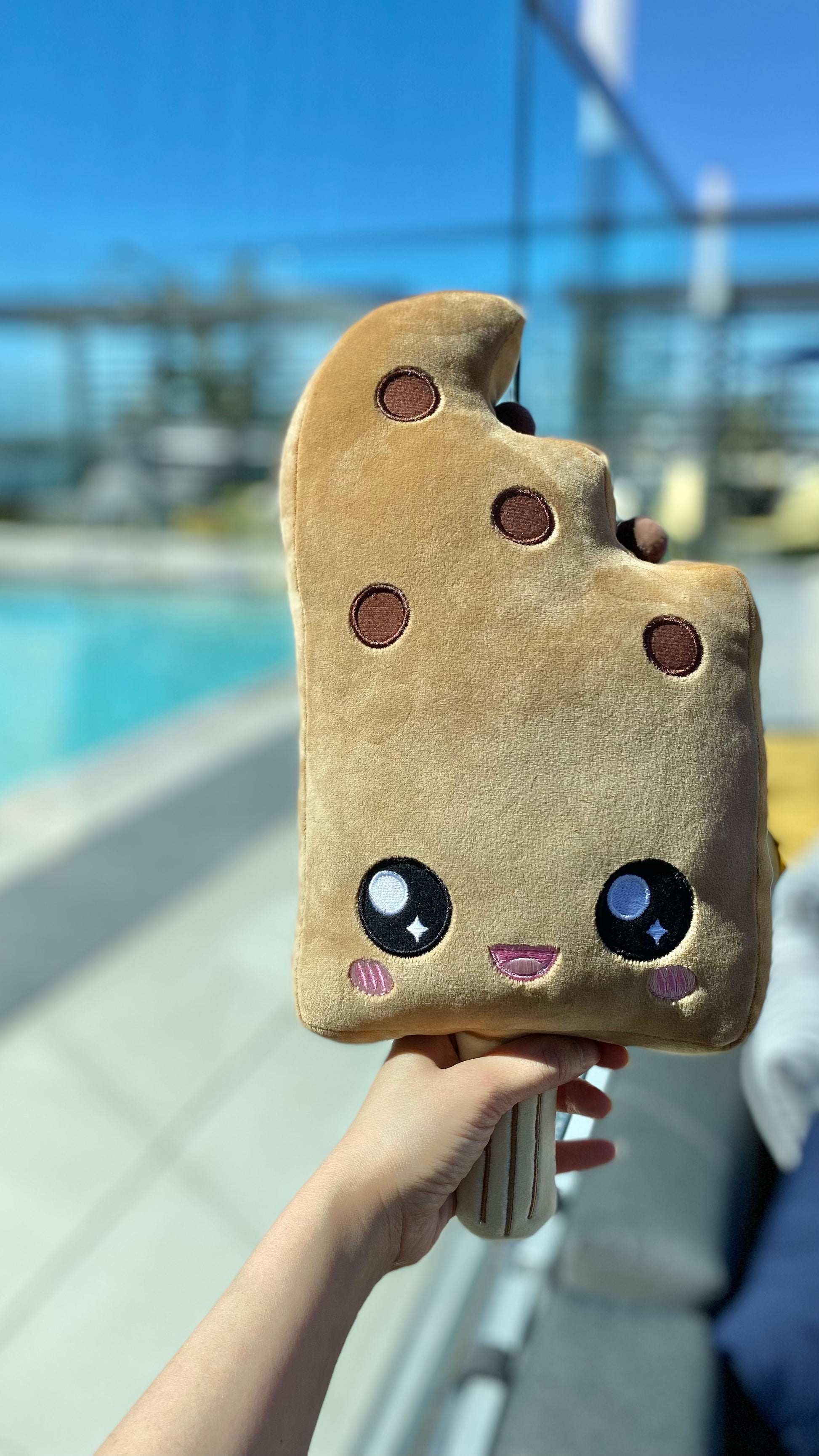 Plush toy of a boba ice cream bar with a smiling face, held by the bottom portion resembling a popsicle stick in front of a swimming pool.