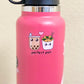 Sticker with a clear background on a pink hydroflask bottle featuring a cute open-mouth smiling boba milk tea and a closed-mouthed smiling Taiwanese popcorn chicken. A pink heart is between them, with the words 'perfect pair' printed below.
