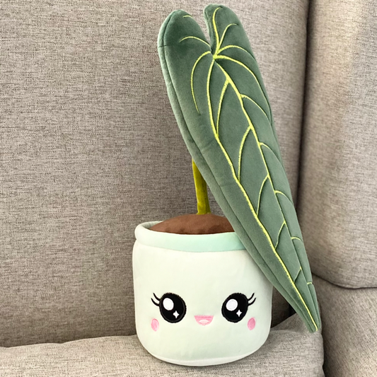 Plush toy of a Queen Anthurium plant with a deep green leaf and a heart-shaped design, featuring a soft and huggable texture. The plush toy is placed on a gray textured sofa, adding a cozy and playful touch to the scene.