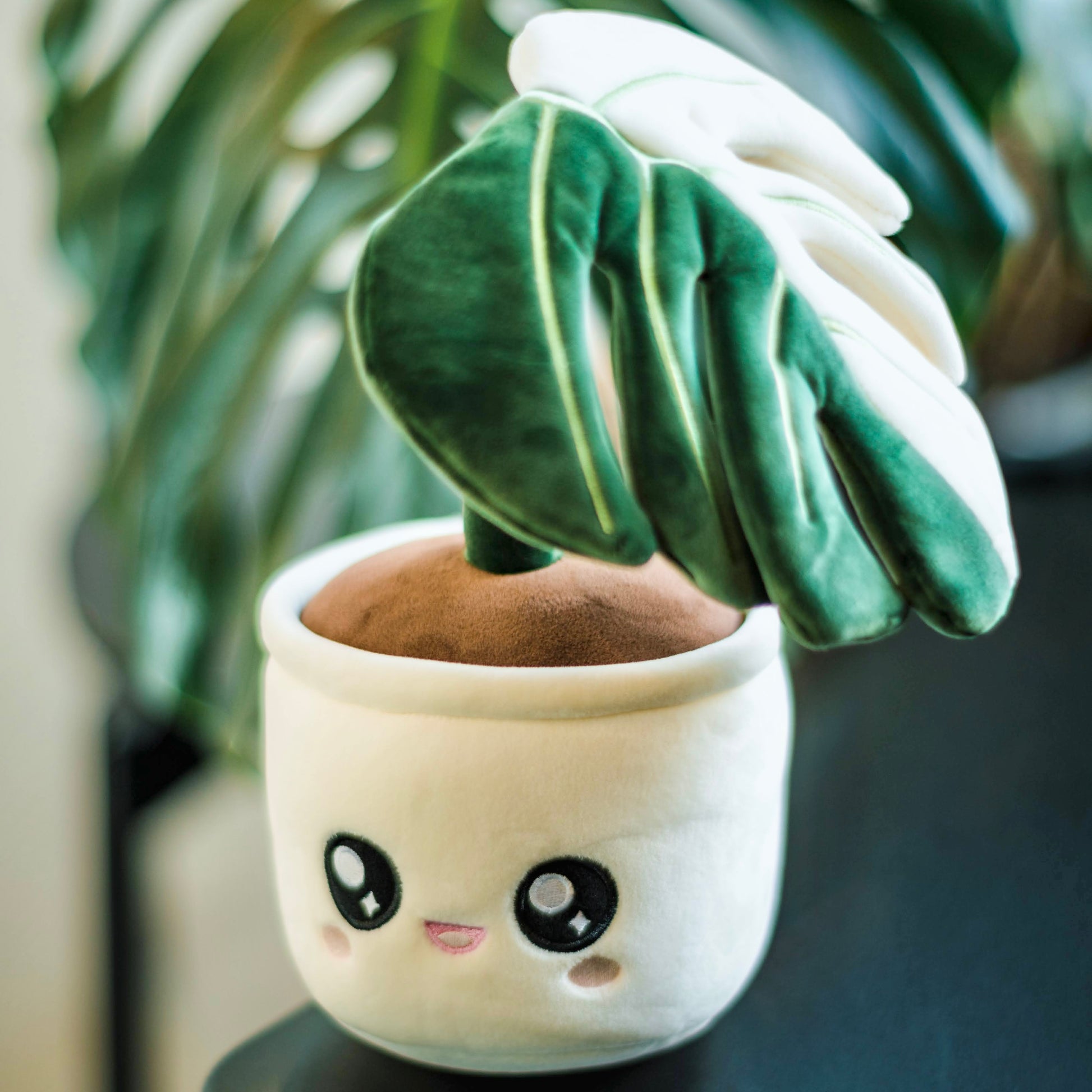Plush toy of a potted plant with a white pot and a cute open-mouthed smiling face on the pot. The plant is a single leaf of a Monstera deliciosa albo variegata, featuring a split color pattern. The left half of the leaf is green, while the right half is white. The plush toy is placed on a black seat, with another green houseplant positioned behind it.